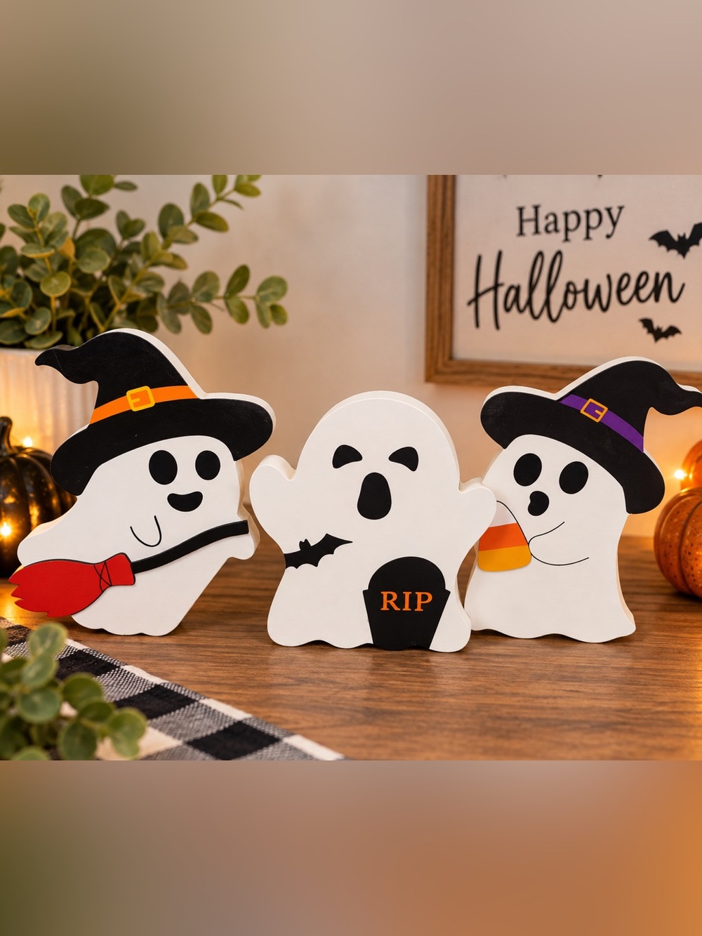Target Halloween Ghost Wood figures in White, Black, Orange, Purple, Red